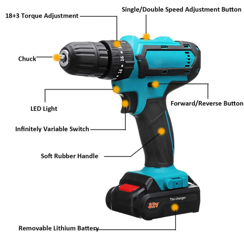21V Lithium Ion Cordless Drill And Impact Driver Set Featuring Variable Speed Control, showing detailed functions and ergonomic grip.