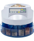 Eight Slot Coin Sorter and Counter for US Coins, Automatic Money Counter with Eight Tray Bins, White and Blue Design
