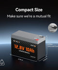 3D image showing dimensions and terminals of a 12V 10Ah LiFePO4 Battery With Built-In 10A BMS, ultra lightweight and high energy.