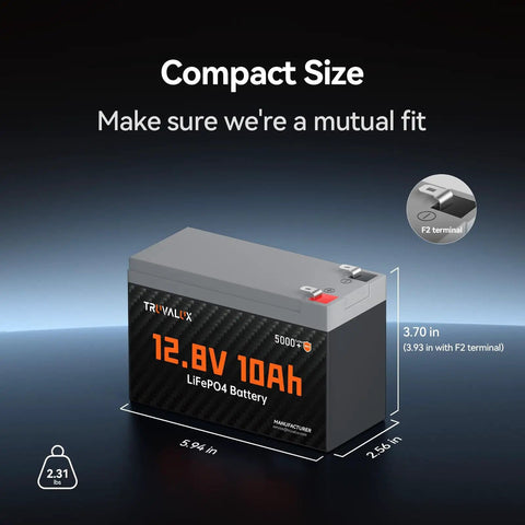 3D image showing dimensions and terminals of a 12V 10Ah LiFePO4 Battery With Built-In 10A BMS, ultra lightweight and high energy.