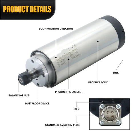 Heavy Duty Air Cooled Spindle 1.5kw 24000rpm 80mm Round Router Motor For Cnc Engraving Machines showing detailed motor components and labeling.