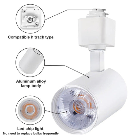 Arcfox 7W 3000K LED Track Lighting Heads Dimmable 3 Wire Single Circuit H Type Track Lights for Dining Room and Kitchen Accent Lighting ETL Listed CRI90 White Finish 6 Pack showing details of fixture and LED chip