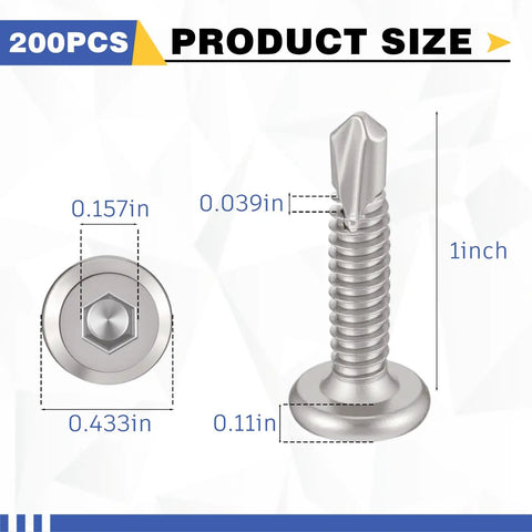 Workhorse Hex Socket Self Tapping Screws 410 Stainless Steel Flat Head Number Twelve One Inch Long Bulk Pack Two Hundred Pieces dimensions illustration