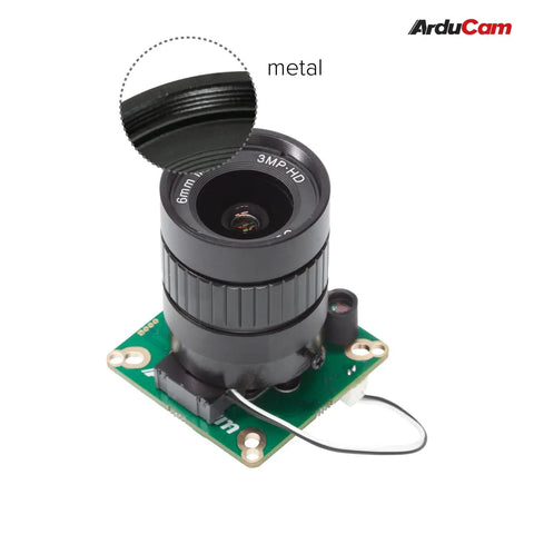 Day And Night Vision IMX477 HQ Camera for Jetson Orin NX with 12MP auto IR cut and 6mm CS lens, showing metal sensor details.