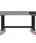 Front view of Straight Up Rock Solid Heavy Duty Steel Welding Fixture Table With Smooth Cruising Casters And Laser Cut Precision Mounting Holes For Custom Metalwork Shop Setup At 60X36X36 Inches.