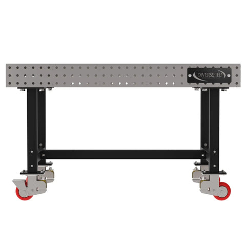 Front view of Straight Up Rock Solid Heavy Duty Steel Welding Fixture Table With Smooth Cruising Casters And Laser Cut Precision Mounting Holes For Custom Metalwork Shop Setup At 60X36X36 Inches.
