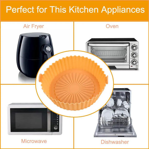 Silicone Air Fryer Liners For Small 2Qt Fryers 2 Pack Reusable Nonstick Liners In Blue And Orange With Contoured Ridges For Even Heating And Easy Cleanup shown with kitchen appliances.
