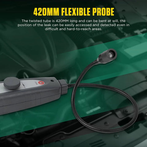Front view of a gray ultrasonic leak detector with 420mm flexible probe and coiled cable in an engine bay
