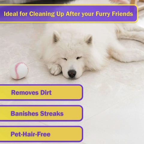 Top Shelf 6 Pack Microfiber Sweeper Mop Pads, 60 Inch Replacement Dry Dust Mop Heads For Hella Easy Large Area Floor Care In Busy Offices And Commercial Janitorial Shops with a sleeping white dog.