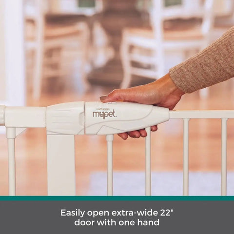 Extra Tall Walk Thru Pet Gate For Large Dogs With Adjustable Pass Through Door showing user opening extra-wide 22" door easily