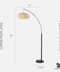 Arc Floor Lamp With 80 Inch Reach, Black Base, Oval Off White Paper Shade, Dope Overhead Lighting For Living Room, Bedroom, Nursery Or Office, Modern Slim Design, Easy Corner Placement in white background with dimensions.