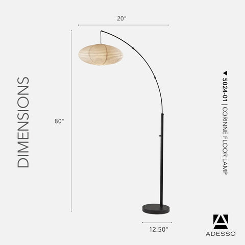 Arc Floor Lamp With 80 Inch Reach, Black Base, Oval Off White Paper Shade, Dope Overhead Lighting For Living Room, Bedroom, Nursery Or Office, Modern Slim Design, Easy Corner Placement in white background with dimensions.