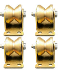 Rock Solid 4 Pack Beast Mode Heavy Duty V Groove Caster Wheels With Steel Sheave For 3000 Kilogram Load Capacity, gold metal rollers.