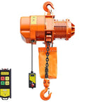 Built Tough Heavy Duty Electric Chain Hoist Up To 4400 Lbs With 20 Ft Lift Height Three Phase Dual Voltage 208 To 240V And 440 To 480V 60Hz Overhead Crane With 328 Ft Wireless Remote G100 Single Chain Lift, side view with wireless remote and chain detail.