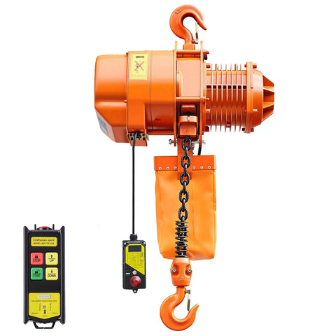 Built Tough Heavy Duty Electric Chain Hoist Up To 4400 Lbs With 20 Ft Lift Height Three Phase Dual Voltage 208 To 240V And 440 To 480V 60Hz Overhead Crane With 328 Ft Wireless Remote G100 Single Chain Lift, side view with wireless remote and chain detail.