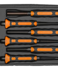 Soft Grip Pin Punch Set 7 Piece With Semispherical Striking Area Reducing Chipping And Splitting displayed in foam tray