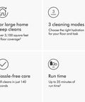Features of WashG1 Wet Cleaner For Hard Floors with Dual Motorized Rollers and Microfiber Pads including runtime and modes