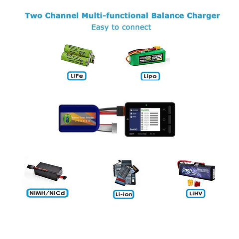 Smart Battery Checker ICC2010 For RC Folks, BattGO ready, with images of LiFe, LiPo, NiMH, NiCd, Li-ion, and LiHv batteries.