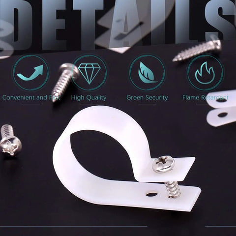 White Nylon R Type Cable Clip with screw on black background showing features like high quality and flame retardancy