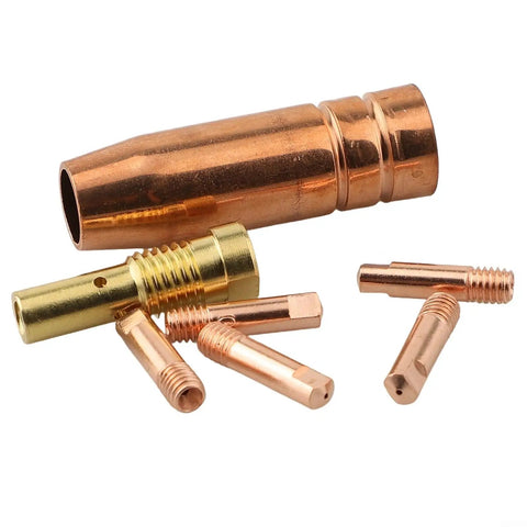 Brass Gasless MIG Welding Nozzle Tip Kit, 7-Piece Set With 0.6-1.2mm Tips For Flux Core Welders Like FC90 And 80GL displayed