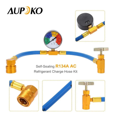 DIY Car AC Recharge Kit With Gauge And 1/2 Inch Self Sealing Valve Can, R134A Refrigerant Hose And Recharge Hose Assembly