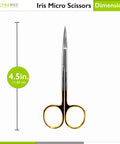 Front view of 4.5 inch Iris Micro Dissecting Scissors with Tungsten Carbide Inserts and Gold Rings for precision dissection.