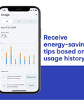 Smart WiFi Thermostat With App Control For Alexa And Google Assistant, No-Fuss DIY Install In Under 30 Minutes, 2.4 GHz WiFi Only, Works With Most Home Systems, C Wire Adapter Included, Black; smartphone app displaying energy usage history and tips.
