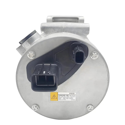 Factory Style Electric AC Compressor Assembly For Toyota BZ4 Hybrid EV Offering ESH34C Build And R134a Refrigerant Flow showing rear connectors.