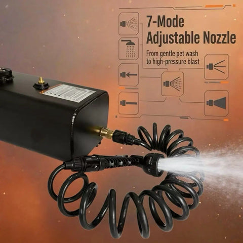 7-mode adjustable nozzle of 9.5 Gallon Pressurized Water Tank With Aluminum Roof Rack Mount For On The Go Showers