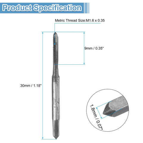 10 Piece Metric Hand Tap Set M1.6 X 0.35 H2 Thread Taper And Bottom Tap, 9CrSi Alloy Tool Steel, Product Specification Details