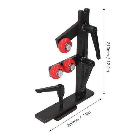 Pro Grade Wood Lathe Steady Rest with Stable L Shaped Frame, Cast Iron Tool Rest, and 3 Red Fixing Wheels, side view with measurements