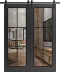 Sturdy Double Barn Door With Clear Glass In Matte Black Finish, Heavy Duty Sliding Door Set With 13Ft Rail And Hangers, Two 30x96 Panels For A 60x96 Opening