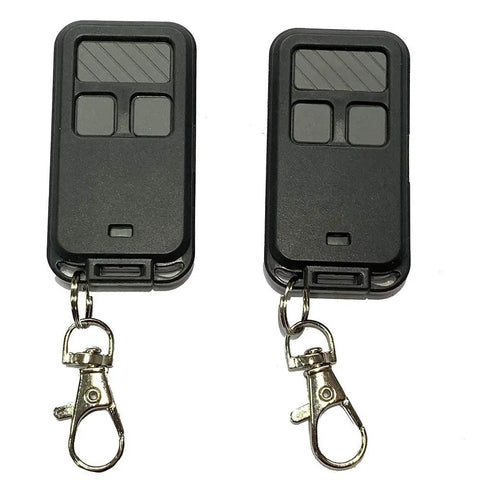 2 Pack Mini 3 Button Garage Door Opener Remote Replacement for 890MAX, showing two black keychain remotes with clips.