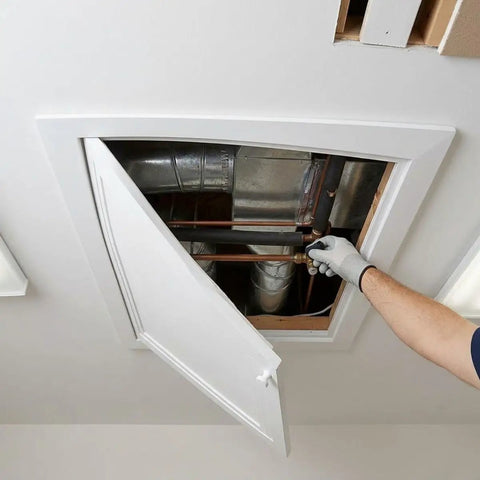 Solid As A Rock Heavy Duty Drywall Access Panel Cover Plate For Walls And Ceilings Featuring A Straightforward Quick Install Design 30X40 Inch utility door open for access.