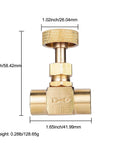 Brass needle valve, gold finish, 1/4 in NPT female x 1/4 in NPT female, front view.