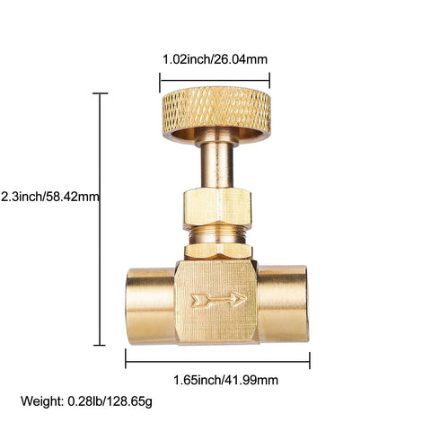Brass needle valve, gold finish, 1/4 in NPT female x 1/4 in NPT female, front view.