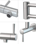 Close-up views of Brushed Stainless Pot Filler Faucet Wall Mount With Stretchable Double Joint Swing Arm Two Handle Kitchen Faucet Stovetop Use