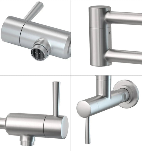 Close-up views of Brushed Stainless Pot Filler Faucet Wall Mount With Stretchable Double Joint Swing Arm Two Handle Kitchen Faucet Stovetop Use