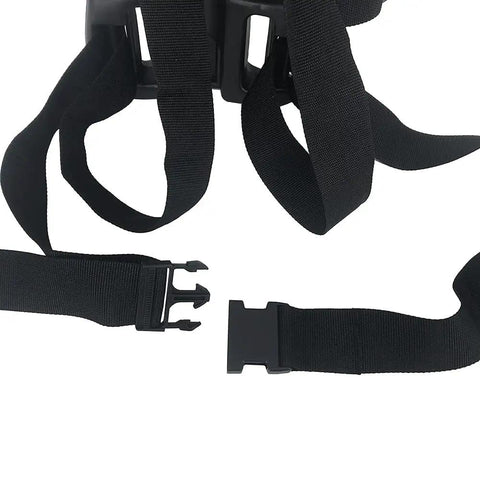 Scuba Tank Backpack for Single Tank, Adjustable Tank Holder, black nylon straps and plastic buckles close-up