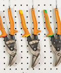 Left-Cutting Offset Tin Snips For Sheet Metal, Aviation Snips With Beefy Forged Blades on a pegboard display