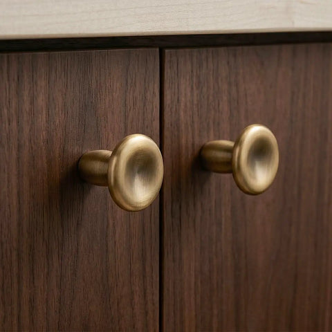 Dope 2 Pack French Antique Brass Mushroom Cabinet Knobs 1.18 Inch Zinc Alloy Drawer Knobs on wooden cabinet