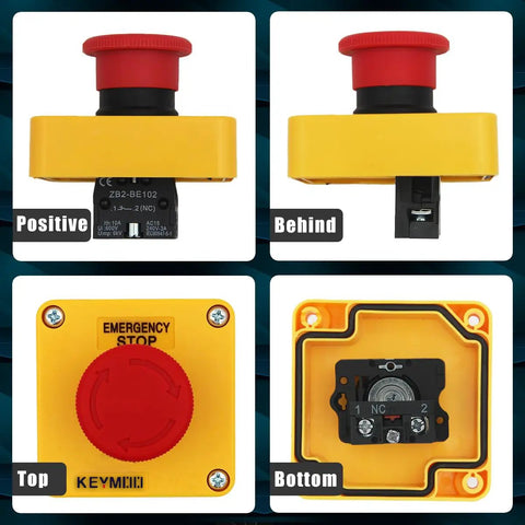 Emergency Stop Push Button Switch 1NC 10A 660V with IP65 Waterproof Box, four angles showing design and connectors, 2-pack