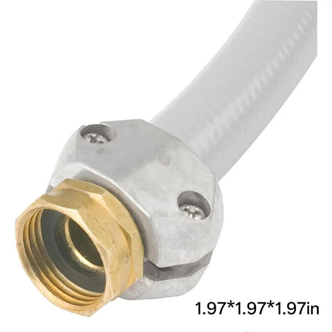 Heavy Duty Garden Hose Repair Kit With 5/8 and 3/4 Inch Brass Connectors Swivel Attachment Stainless Steel Clamp To Fix Leaks Fast And Get Your Outdoor Watering Setup Back On Track For A Cool Summer, brass hose end close-up