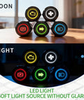 Two Pack 8mm LED Indicator Light 12V-24V IP67 Green Signal Lamp With 180 Interchangeable Symbols, night view