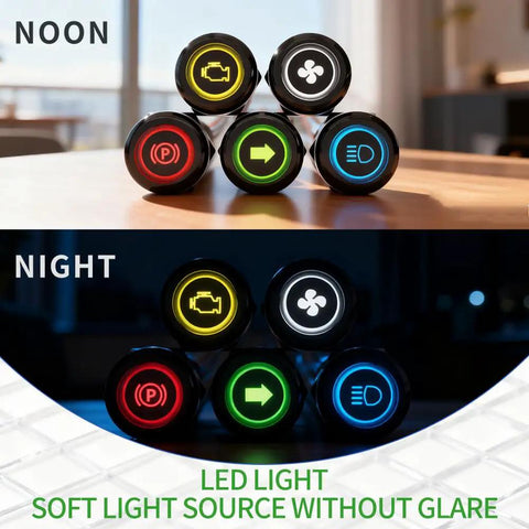 Two Pack 8mm LED Indicator Light 12V-24V IP67 Green Signal Lamp With 180 Interchangeable Symbols, night view