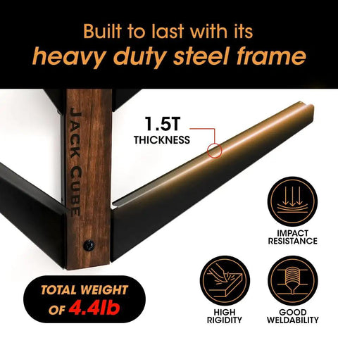 Heavy duty steel frame detail of Five Tier Skateboard Wall Mount Rack With Rustic Wood And Black Steel Hooks For Tight Garages.