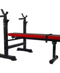 Weight Bench With Squat Rack And Adjustable Recliner - Foldable Home Gym Gear, red and black design on white background.