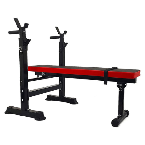 Weight Bench With Squat Rack And Adjustable Recliner - Foldable Home Gym Gear, red and black design on white background.