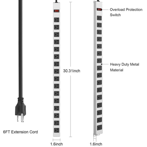 Beefy Metal 16 Outlet Power Strip With 1200J Surge Protection Wall Mountable Switch, heavy duty metal and 6ft cord shown