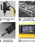 Badass Flexible Electric Tapping Machine Features M3 To M16 Tap Collets And A Telescoping Arm For No Sweat Multi Directional Drilling And Quick Threading On Heavy Duty Auto Gear showing adjustable depth control and touchscreen.